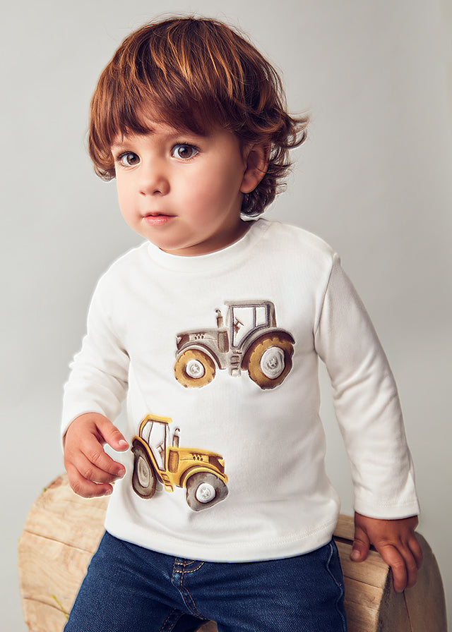 Long sleeve t shirt with a tractor motif on the front