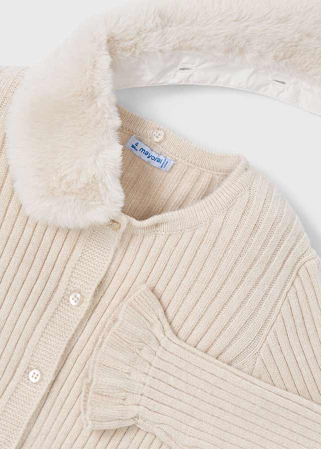 Beige cardigan with faux fur collar