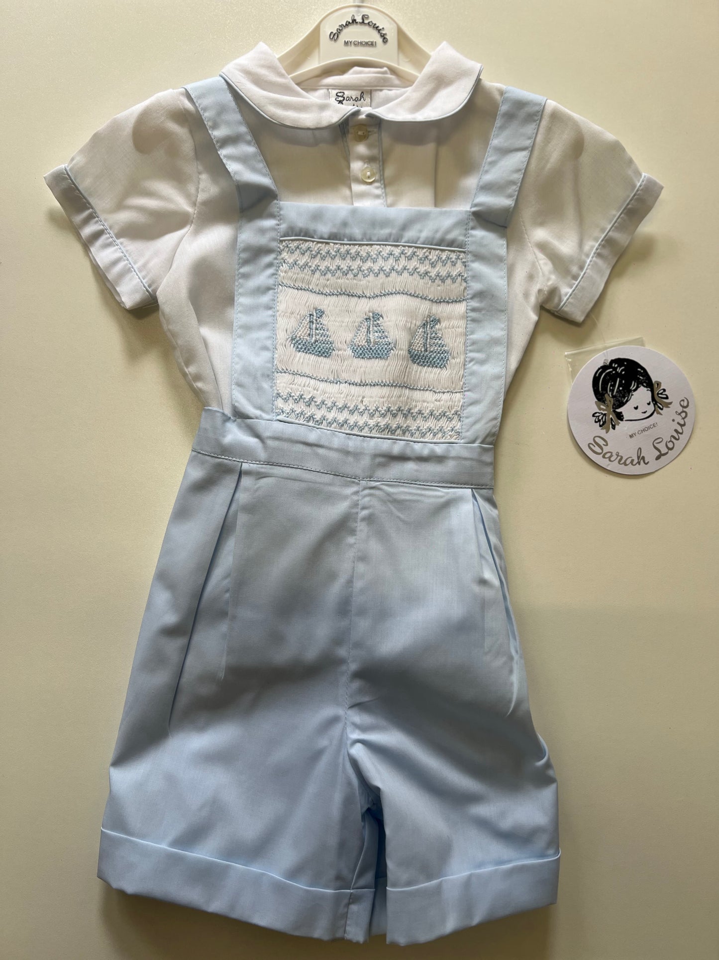 Sarah Louise two piece set, short dungarees and shirt