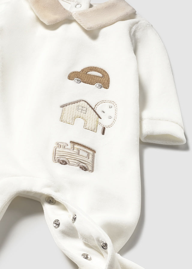 Velour all in one in cream with car and train design