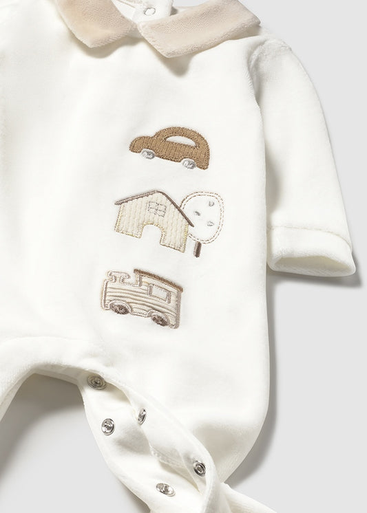 Velour all in one in cream with car and train design