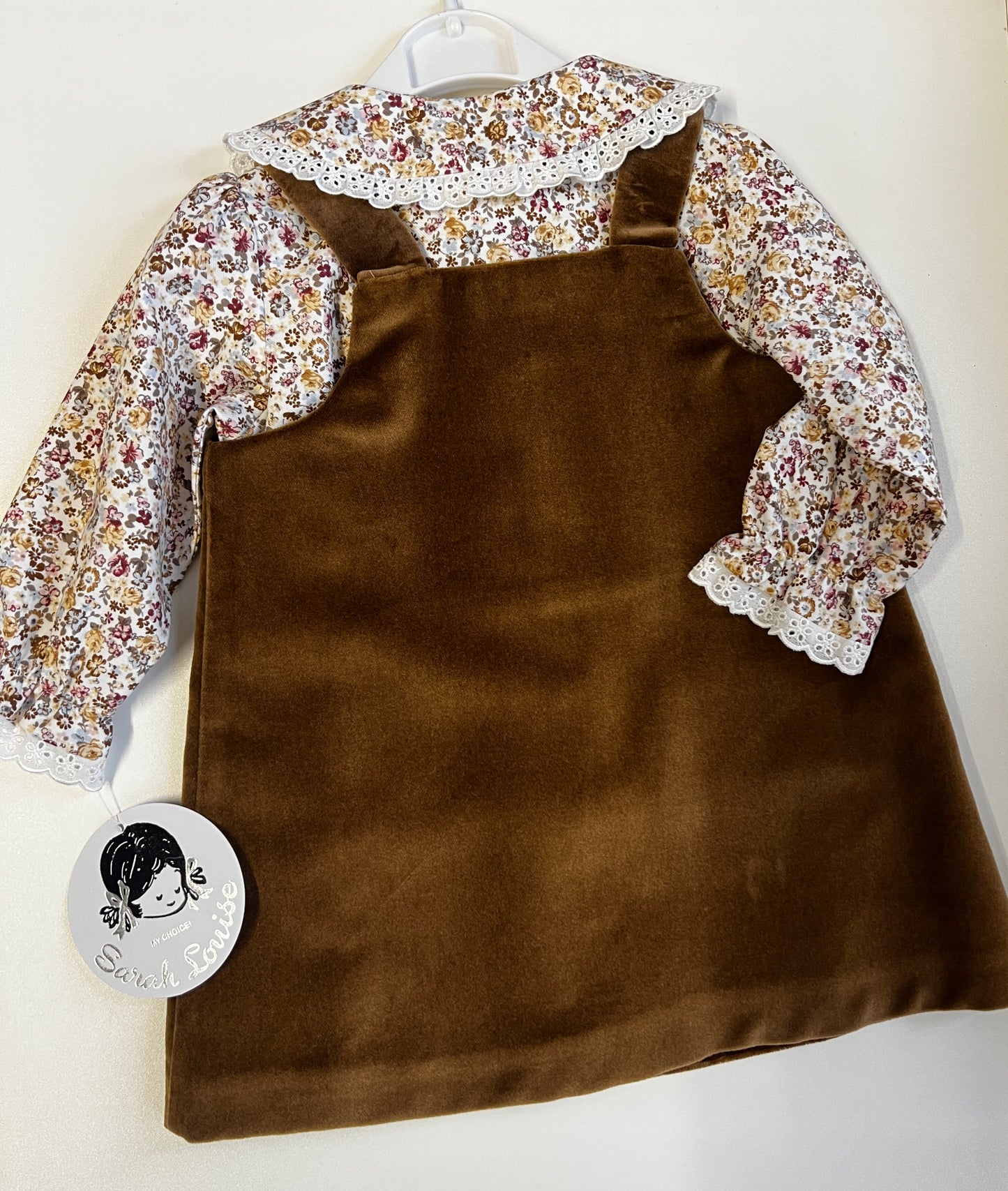 Sarah Louise 2 piece brown velvet pinafore and blouse